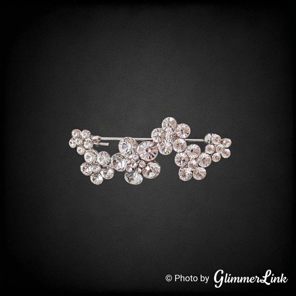 Bright Sparkling Rhinestone Floral Silver Tone Brooch Pin